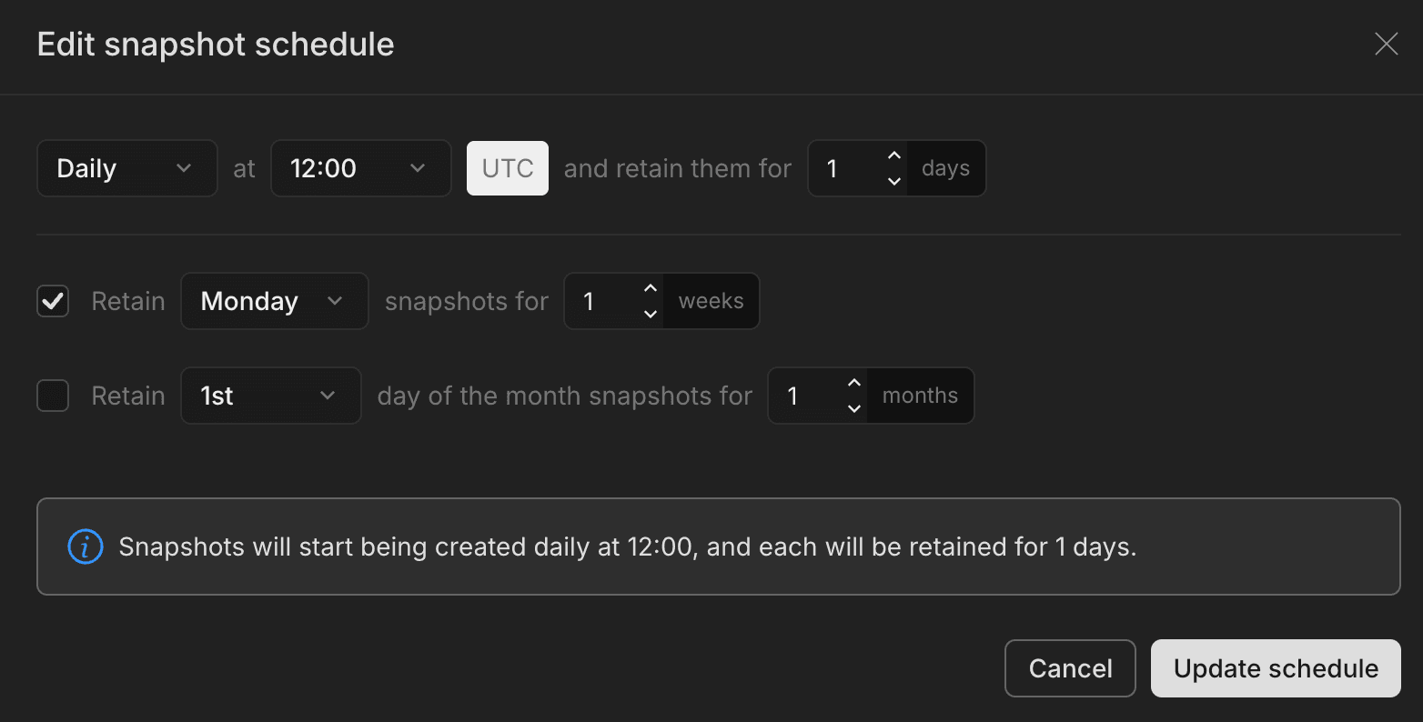 snapshot schedule dialog